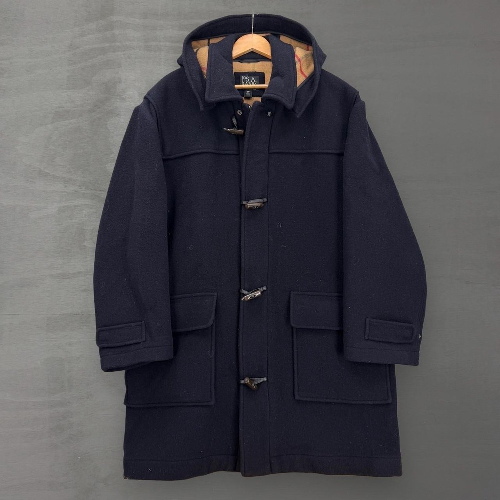 Jos. A. Bank Duffle Coat Navy Blue Wool Blend Plaid Lined Toggle Hooded XXL